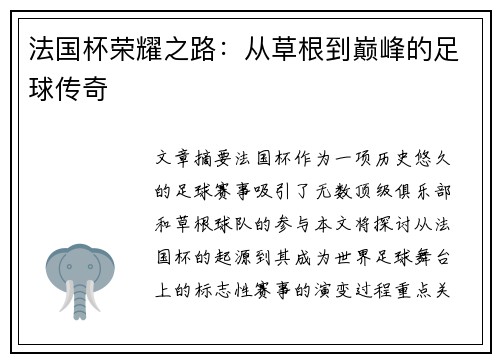 法国杯荣耀之路:从草根到巅峰的足球传奇
