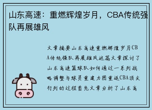 山东高速:重燃辉煌岁月,CBA传统强队再展雄风
