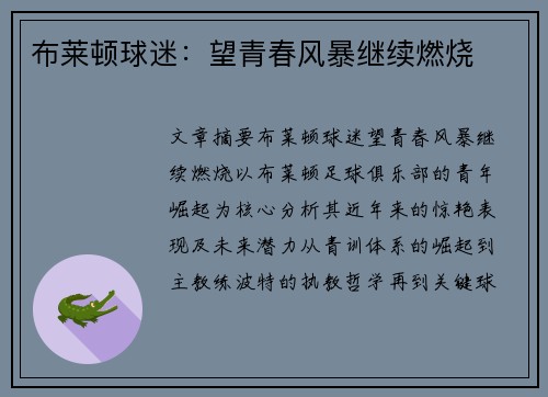 布莱顿球迷:望青春风暴继续燃烧